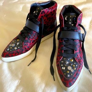 Coach Leather Hightop Sneakers - Haircalf Fur w/ Studs Leopard Print | Size 9.5